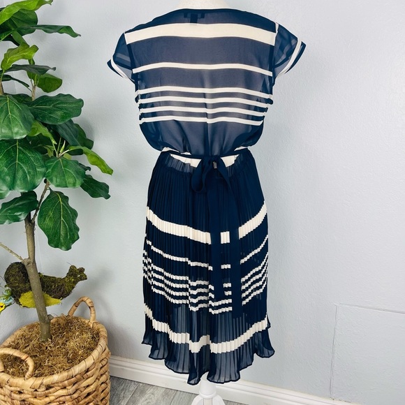 Chic By Jacob Navy Blue Tan Pleated Sheer Stripe Dress - Picture 7 of 7